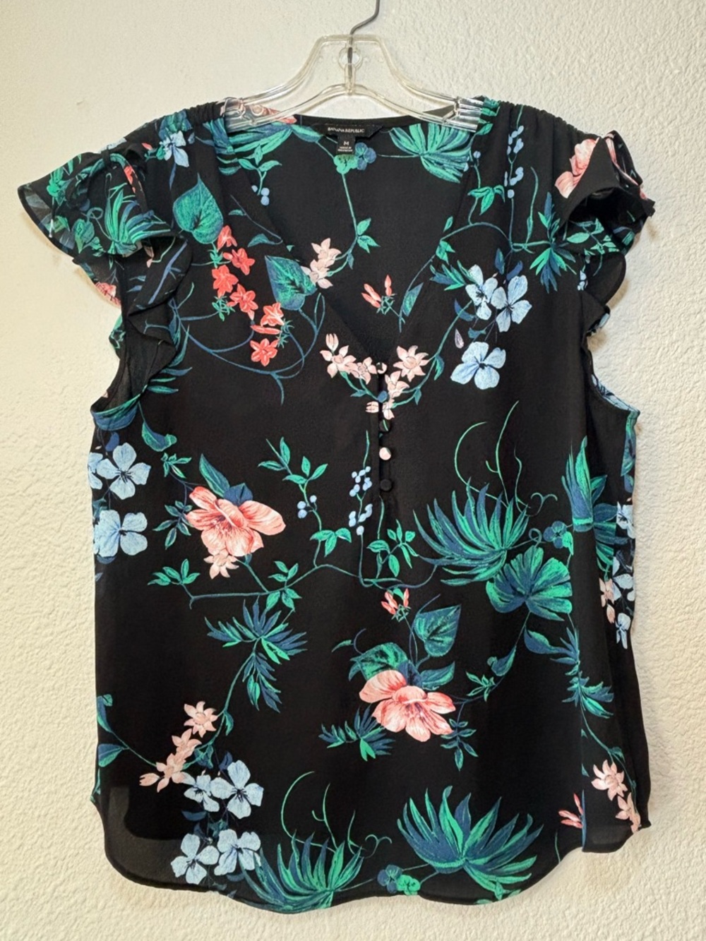 Banana Republic Women's Black Floral Popover Blouse Medium Cap Ruffle Sleeves